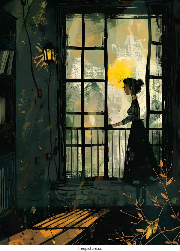 Woman Looking Out Window at Sunset