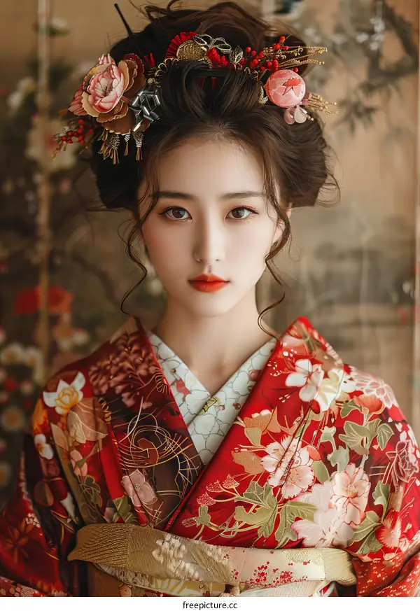 Portrait of a beautiful Japanese woman in traditional kimono