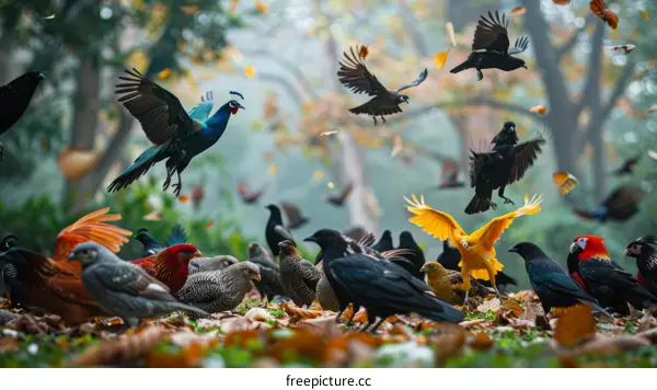 A variety of birds in a forest