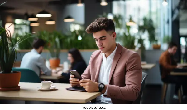 Young man in a pink suit jacket using his phone while sitting in a cafe