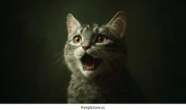 Close-up of a Gray Striped Cat with Open Mouth