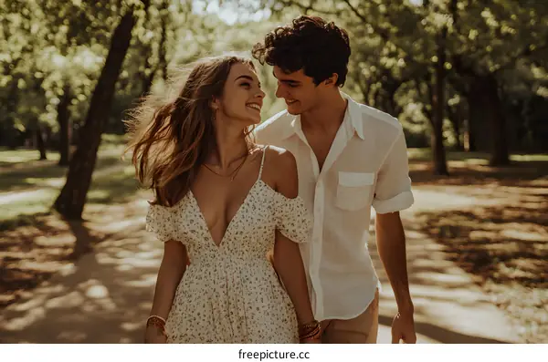 Couple Walking Together In The Park