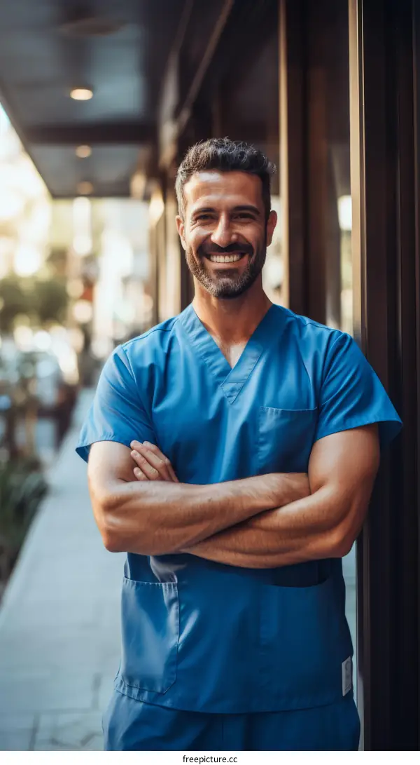 Smiling Male Doctor in Blue Scrubs