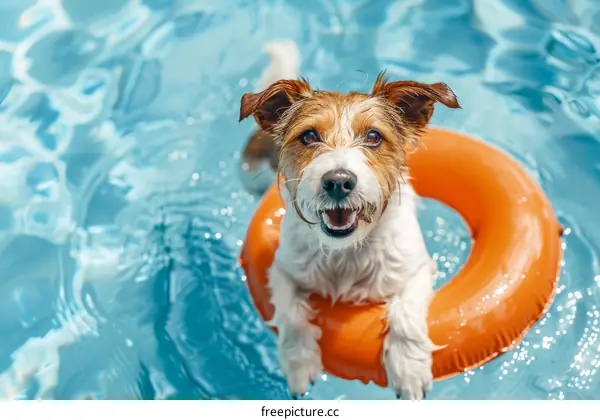 A dog wearing an orange life preserver is swimming in a pool