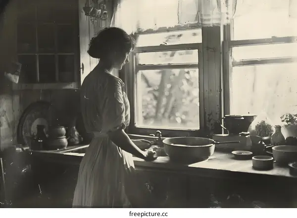 A woman washing dishes in a kitchen
