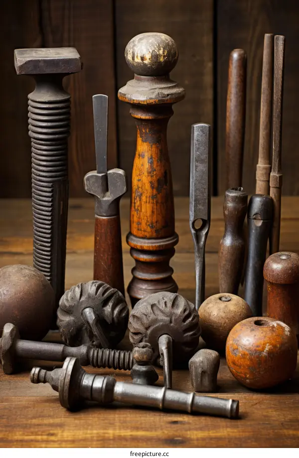 A collection of vintage tools and implements