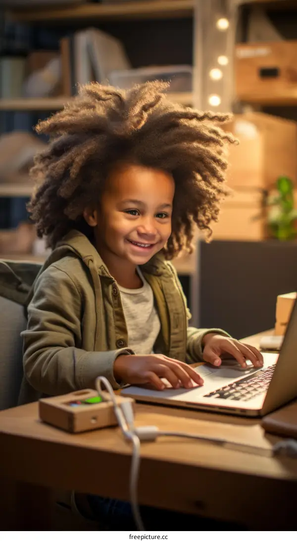 Little boy with curly hair smiling while using laptop computer
