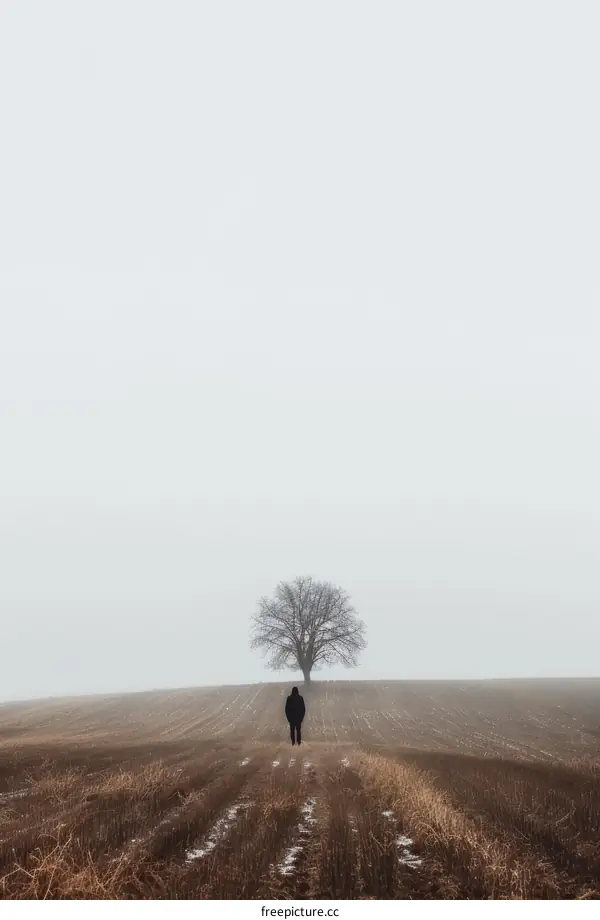 Man walking towards tree in foggy field