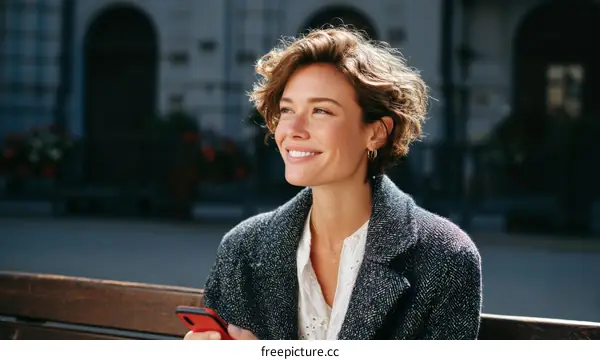 Smiling Woman Outdoors with a Phone