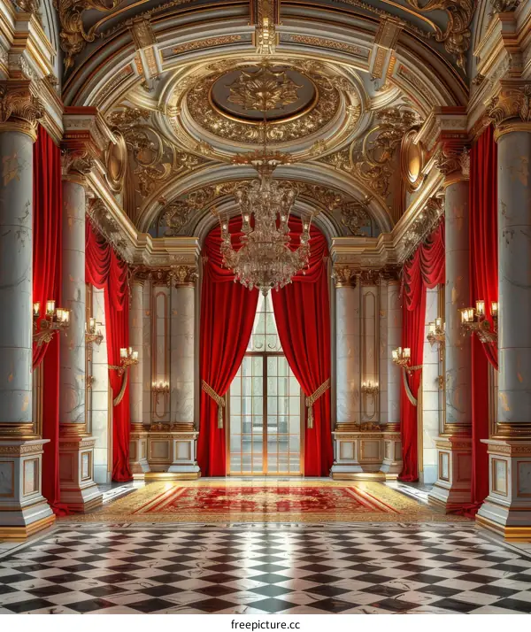 Grand Hall with Red Curtains 3D Render