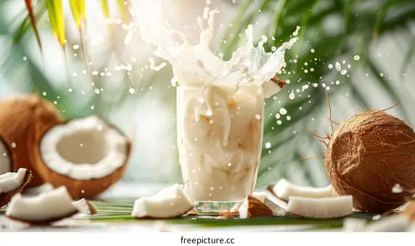 Coconut milk splashing out of a glass with coconuts in the background