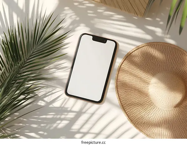 Summer Aesthetic Flat Lay with Palm Leaf and Straw Hat
