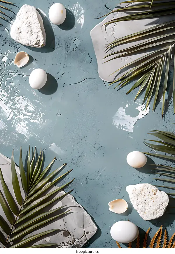 Tropical Minimalist Flat Lay with Palm Leaves, Eggs, and Stones on a Blue Background