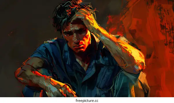 A man with a beard and a blue shirt is sitting with his hand on his head.