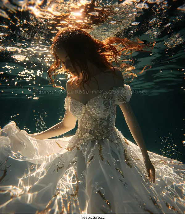 Woman in Flowing White Dress Underwater