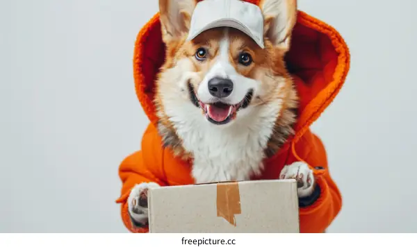 A smiling corgi dog wearing an orange jacket and a cap is holding a cardboard box in its paws