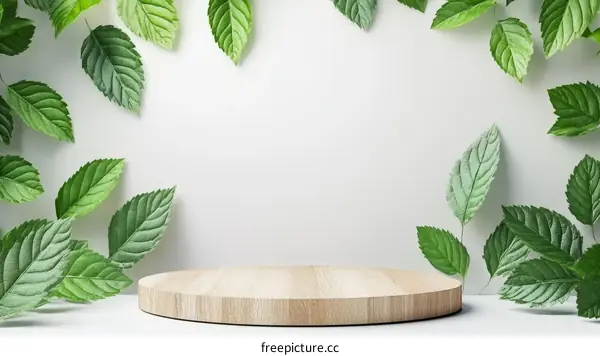 Wooden Display Podium with Fresh Green Leaves