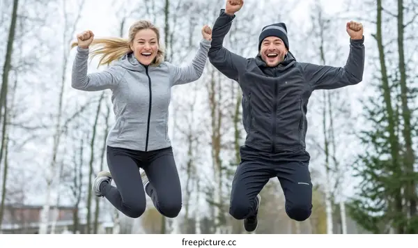 Two happy people jumping in the park