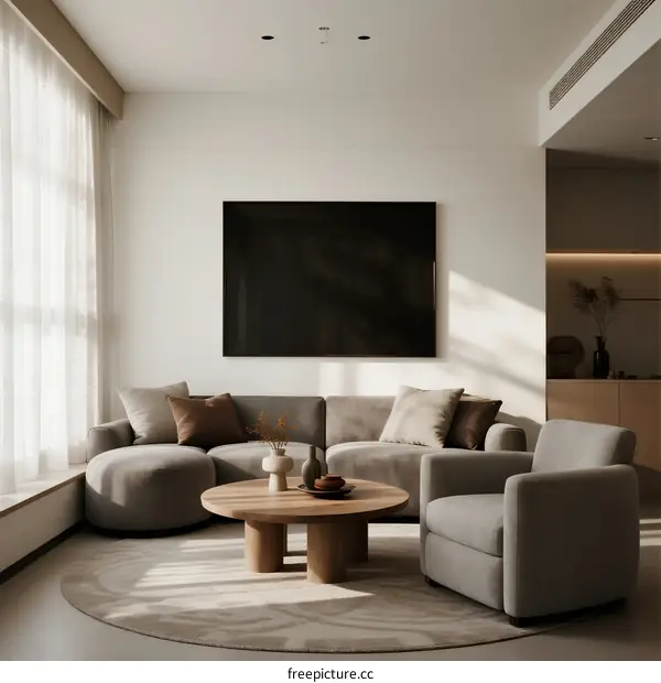 Modern Living Room with Curved Sofa and Minimalist Design