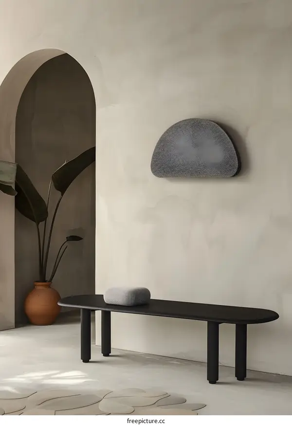 Modern Minimalist Interior Design with Black Bench and Archway