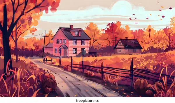 Autumn Landscape with Houses and Pumpkins