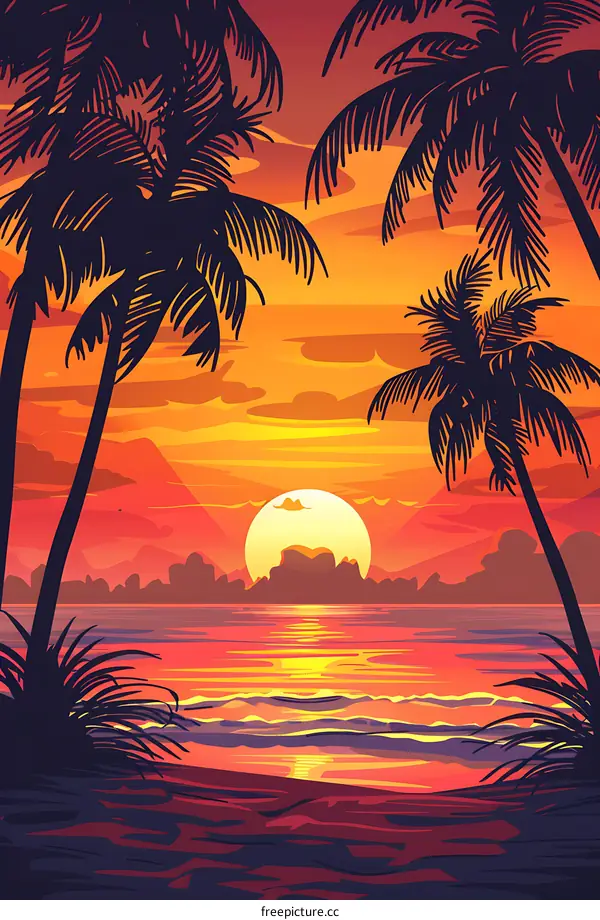 Sunset Silhouette Palm Trees Ocean Beach