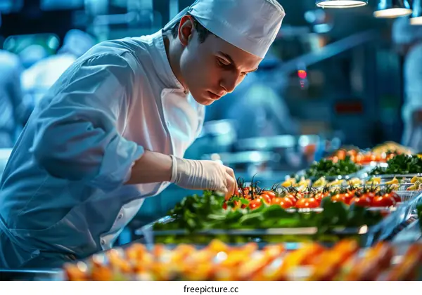Young male chef carefully preparing a dish in a commercial kitchen