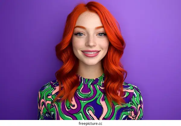 Beautiful Woman with Vibrant Red Hair and Trendy Dress