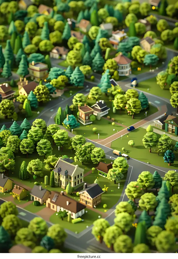 Low Poly Green Cityscape Model with Trees and Houses