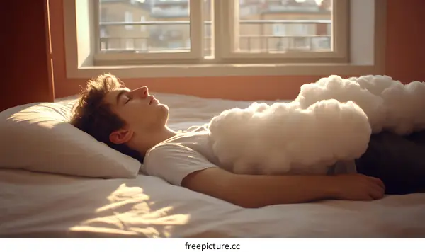 Young Man Sleeping on Bed with Cloud Pillow