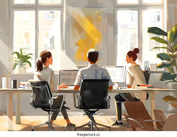 Three business people in an office looking at a computer screen