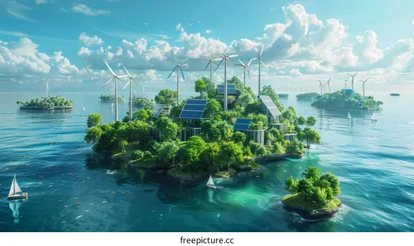 Floating islands with solar panels and wind turbines in a vast ocean