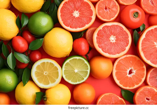 Fresh Citrus Fruits And Green Leaves On Red Background