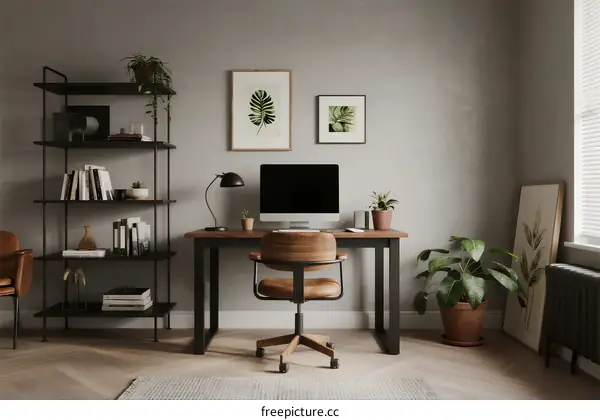 Modern and tidy home office space with plants and desk setup