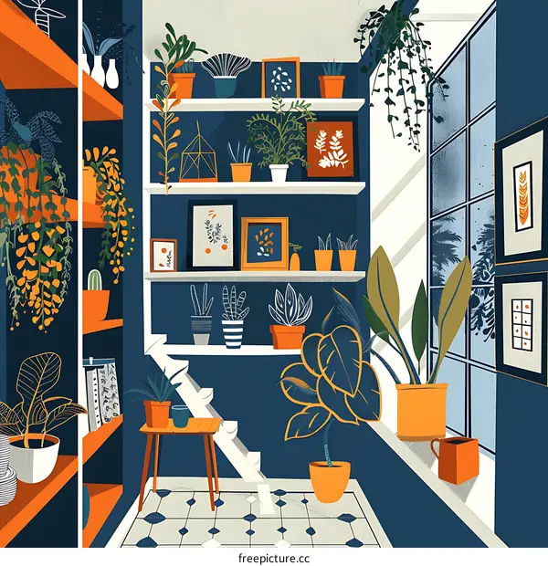 Indoor Plants Illustration with Blue Walls and Orange Pots