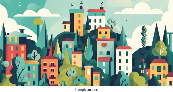 Colorful Abstract Illustration of a Town with Buildings and Trees