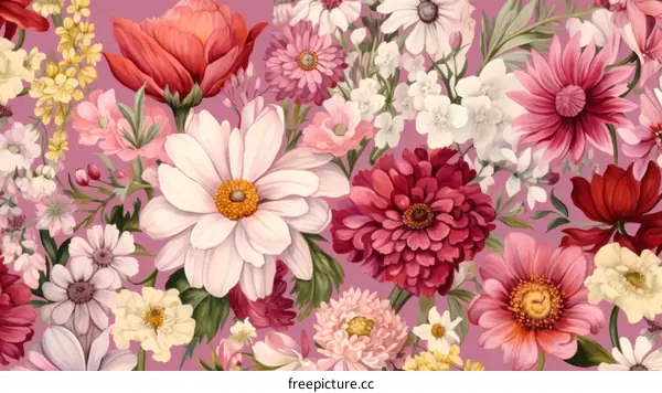 Pink floral background with various flowers