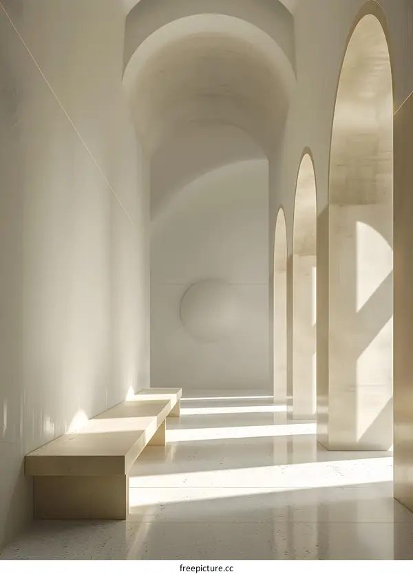 Minimalist Interior Design with Arched Hallway and Bench