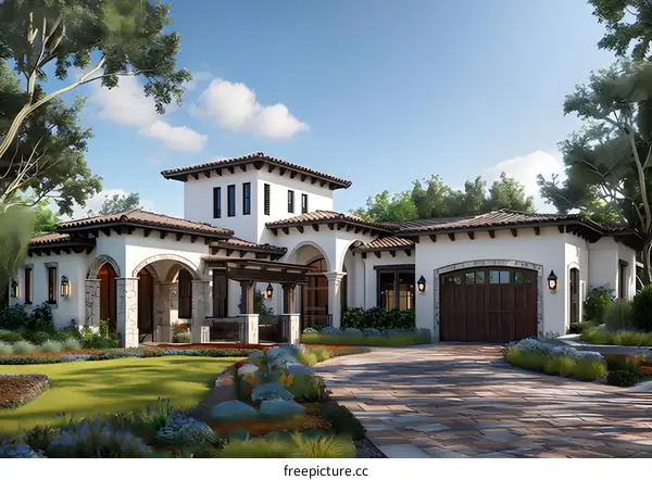 Modern Exterior Design of a Luxury Villa with Stone Accents and a Tiled Roof