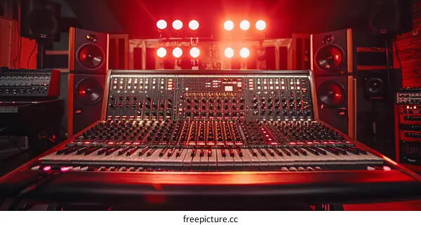 A large mixing console in a recording studio with red lighting
