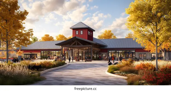 Red Barn Building with People in Front