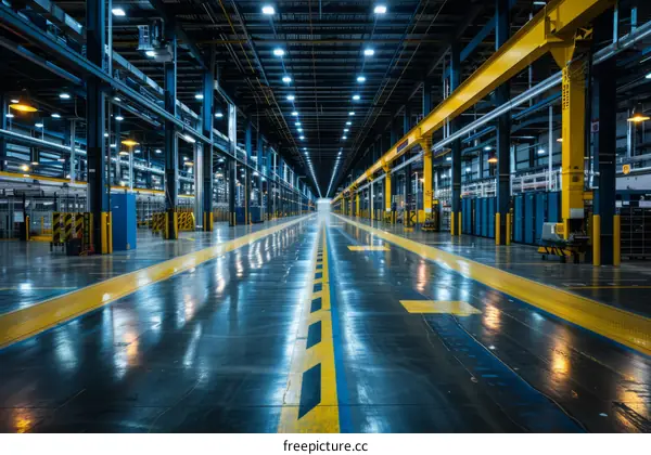 An empty factory building with yellow lines on the floor