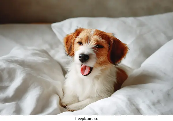 Cute Dog Yawning on a White Bed