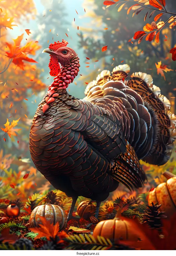 A turkey standing in an autumn forest