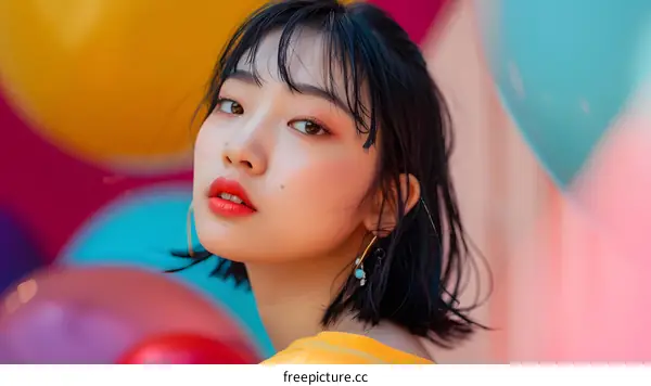 Asian Woman with Red Lipstick Posing Against a Colorful Background