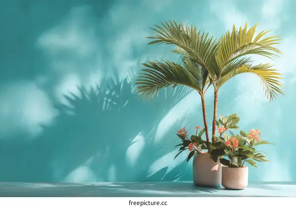 Tropical Plants Against Teal Wall with Sunlight and Shadows