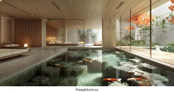 japanese style house interior with pool and garden