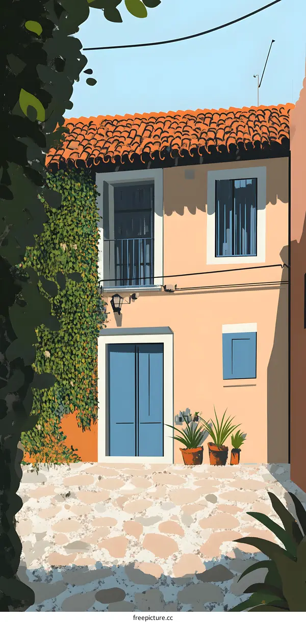 Mediterranean House with Vines and Cobblestone Patio