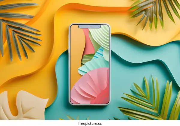 Modern Smartphone Mockup with Tropical Leaf and Abstract Background