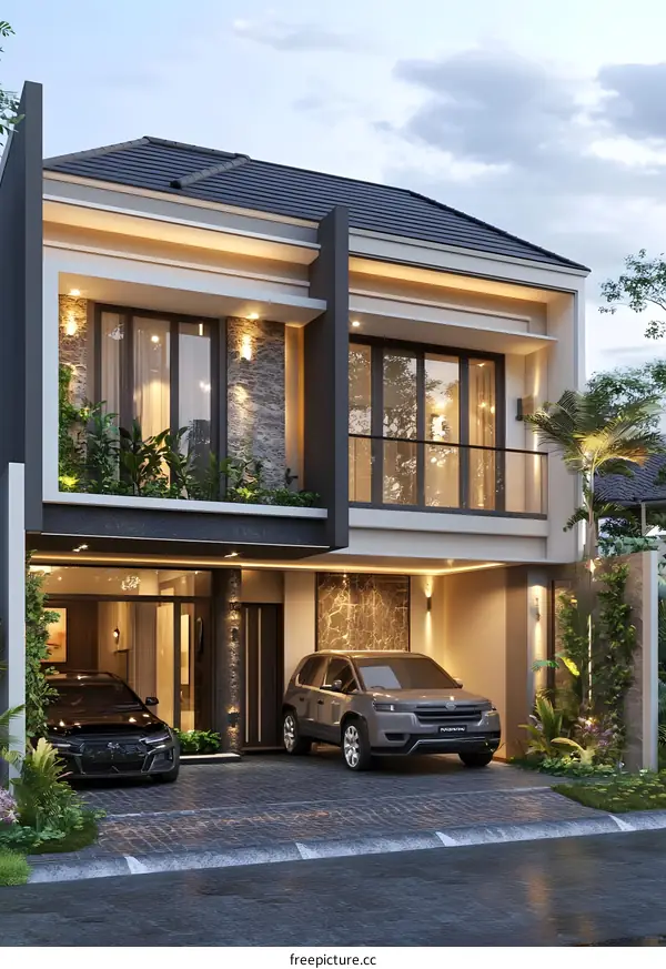 Modern Minimalist Two Storey House Design with Garage and Garden
